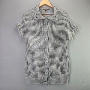 Fever Cardigan Sweater Short Sleeve Waffle Knit M Gray Wool Blend